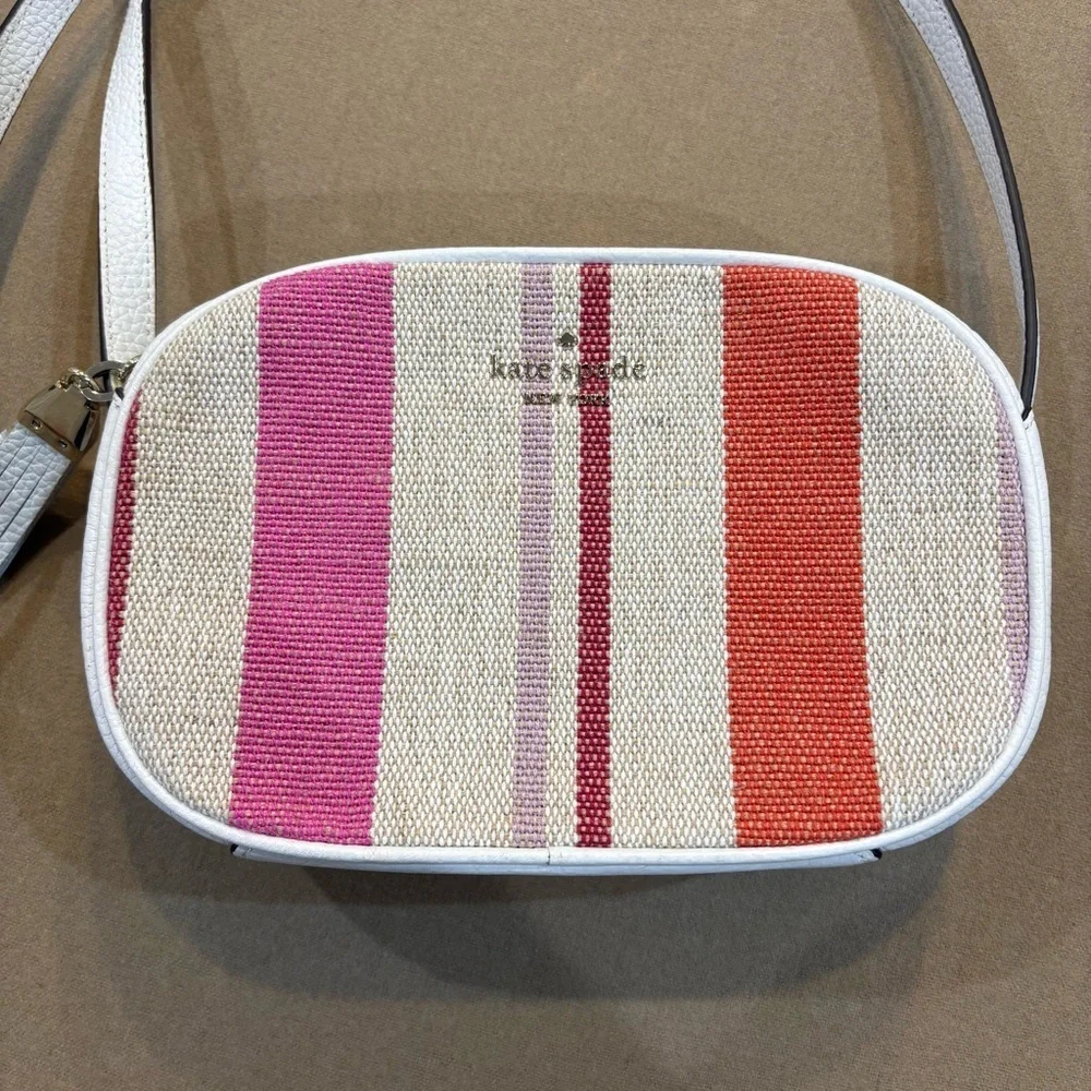 Kate Spade Kourtney Stripe Camera Bag Crossbody Canvas/Pebbled Leather Trim